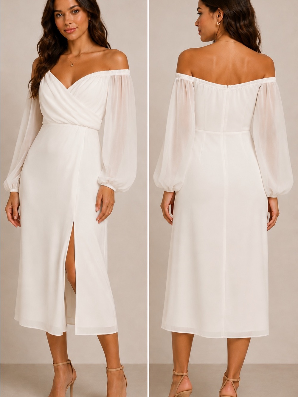 Windsor Off-Shoulder White Midi Dress with Sheer Bishop Sleeves - Picture 1 of 8
